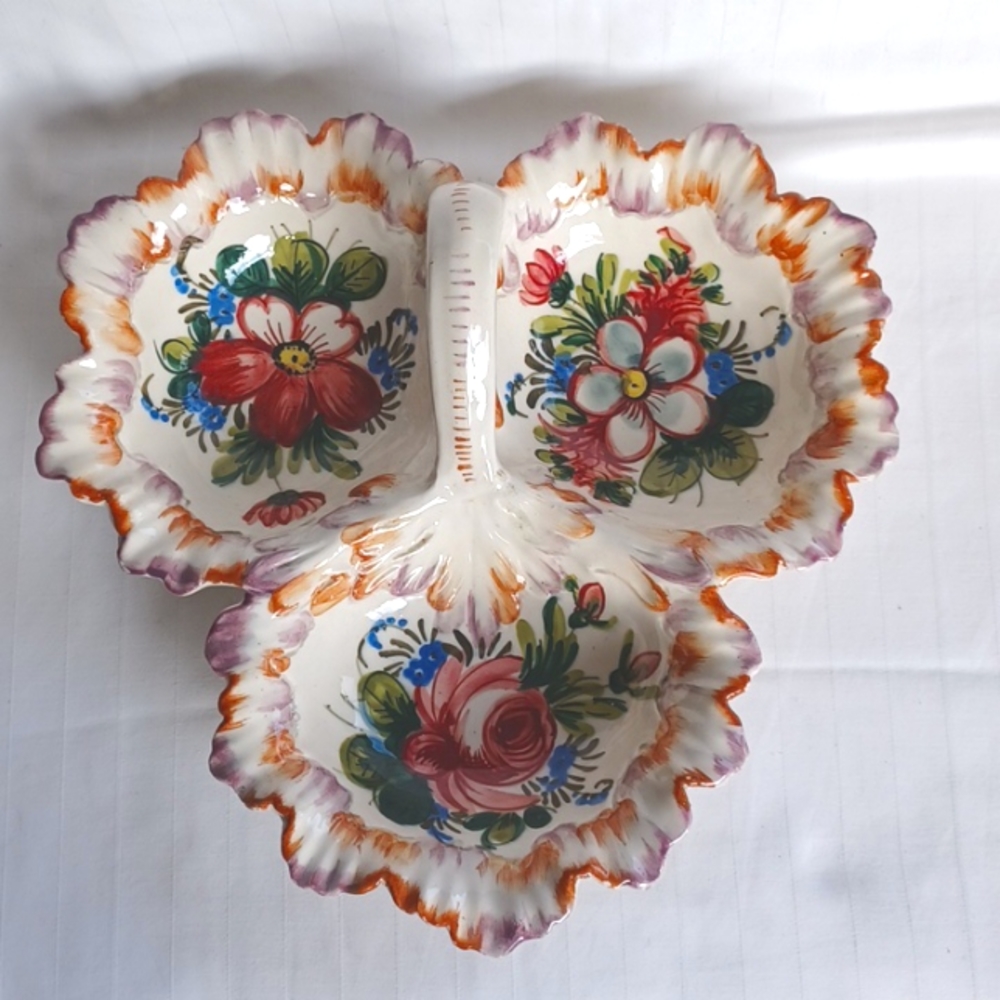 Vintage Italian Hand Painted Floral Section Dish